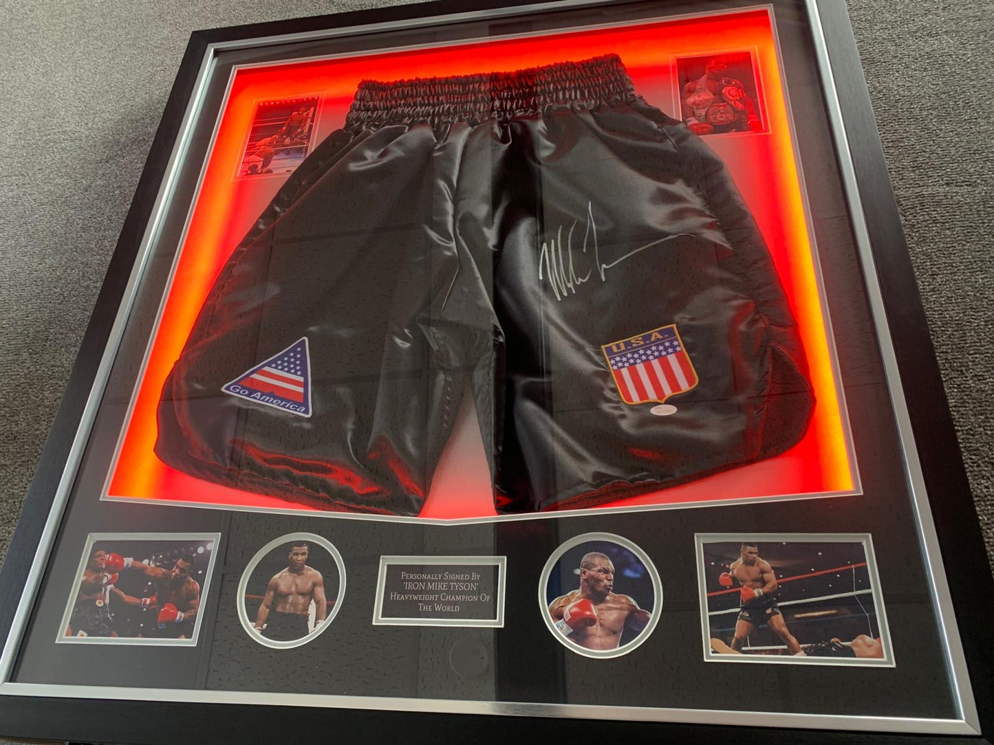 Mike Tyson signed boxing shorts LED frame
