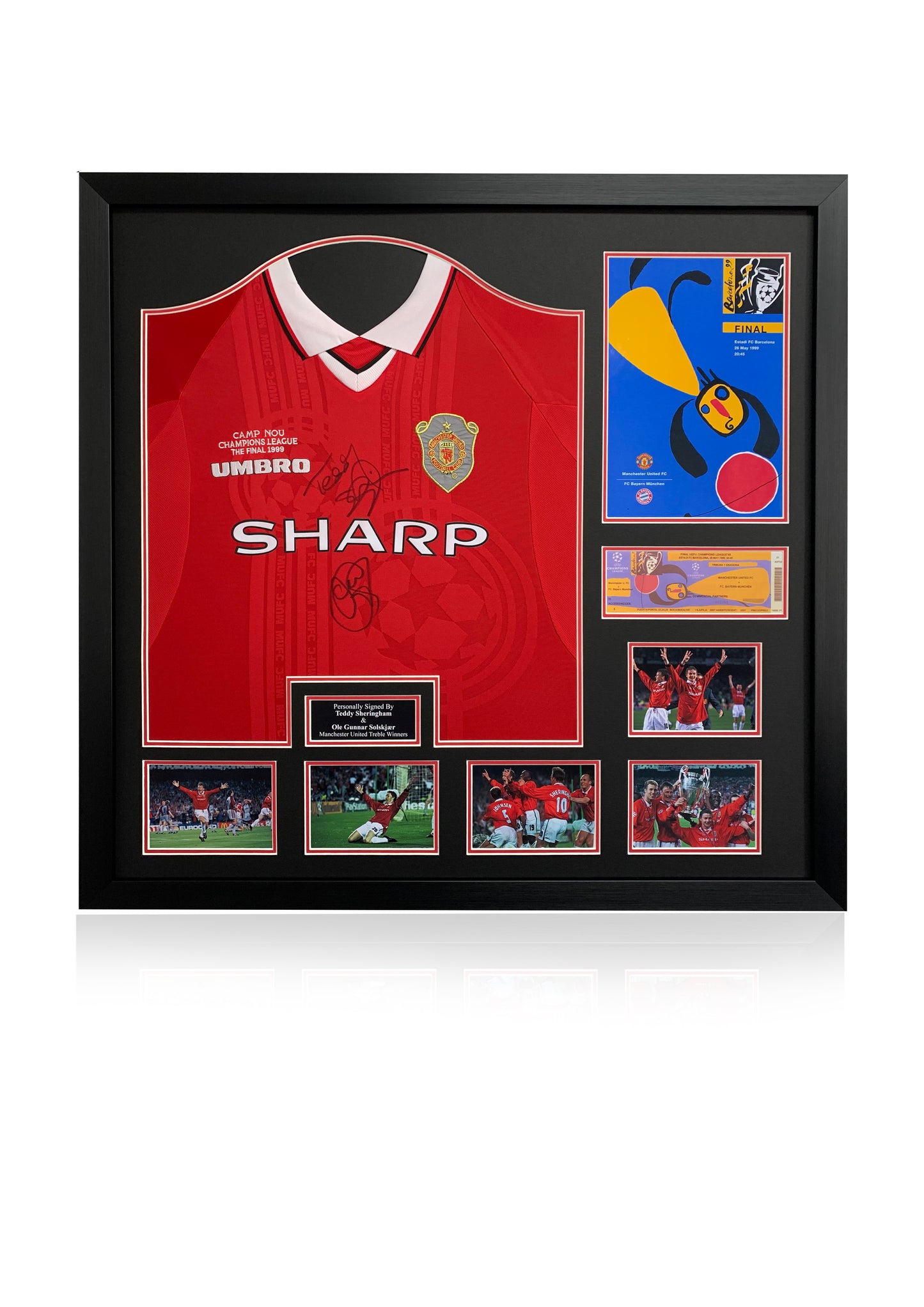 Man United 1999 Champions League final signed framed shirt and programme display montage