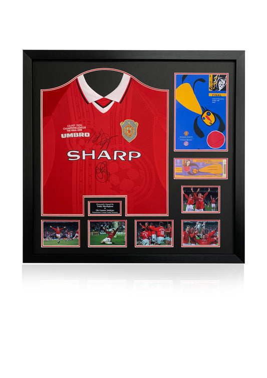 Man United 1999 Champions League final signed framed shirt and programme display montage