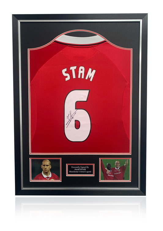 Jaap Stam signed framed 1999 champions league treble winning home Manchester United shirt