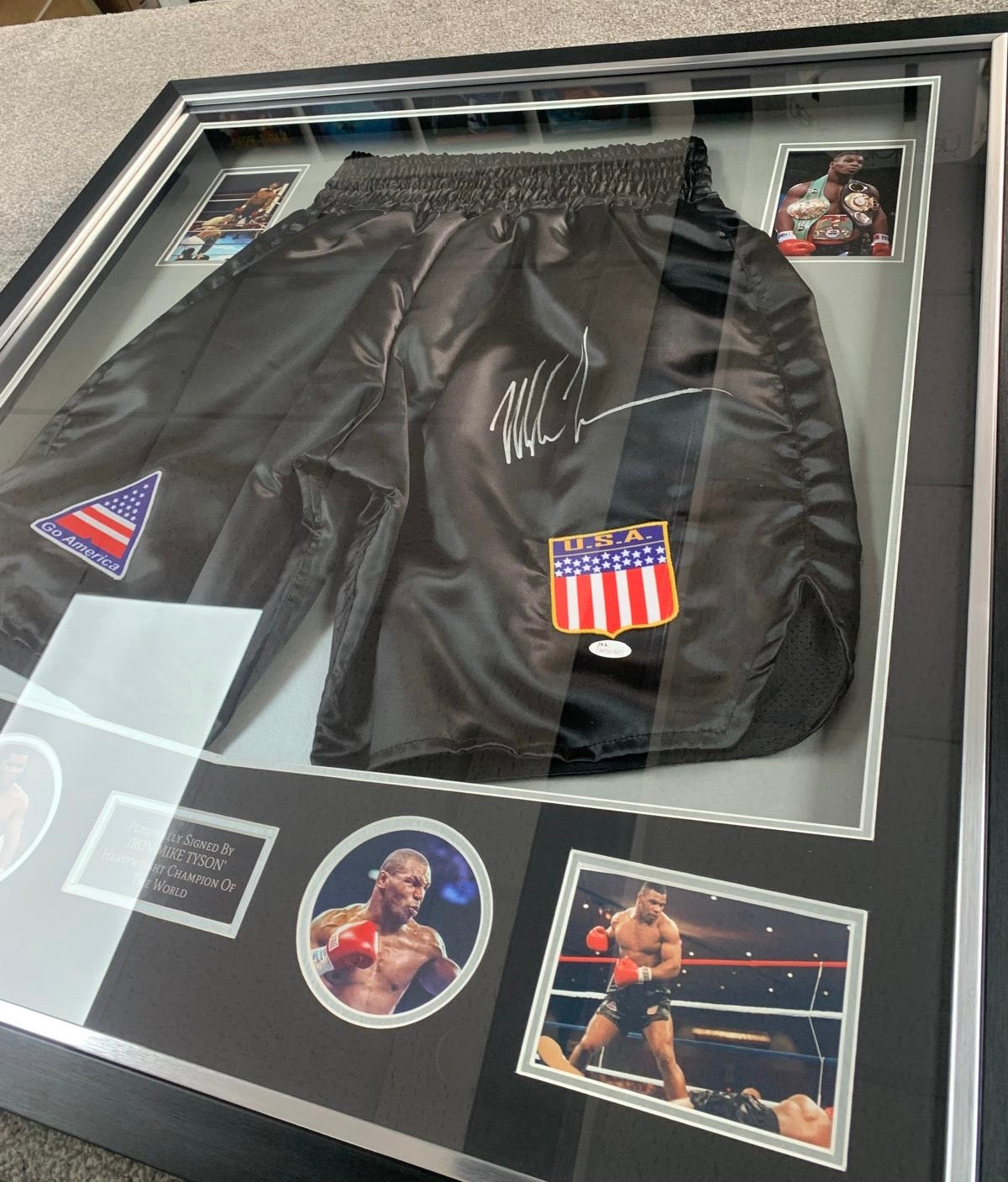 Mike Tyson signed boxing shorts LED frame