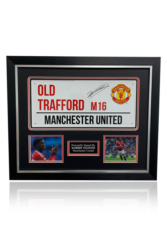 Kobbie Mainoo Manchester United signed framed old Trafford street sign
