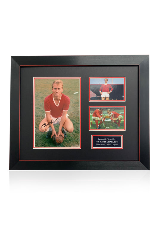 Sir Bobby Charlton signed photo Manchester United montage frame