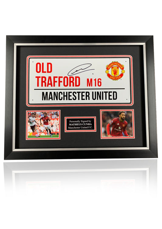 Matheus Cunha Manchester United signed framed old Trafford street sign