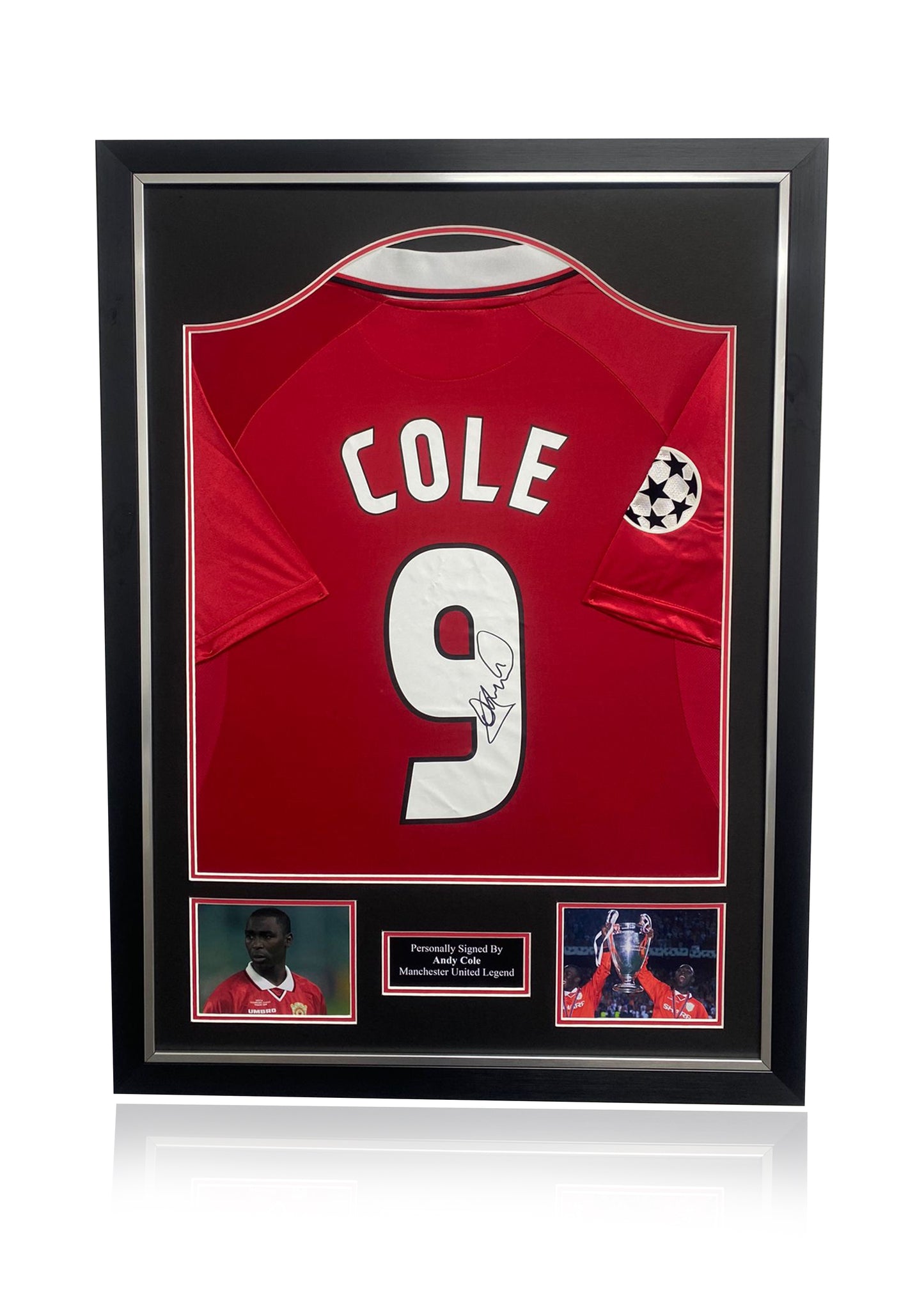 Andy Cole Manchester United 99 treble hand signed framed champions league red home shirt