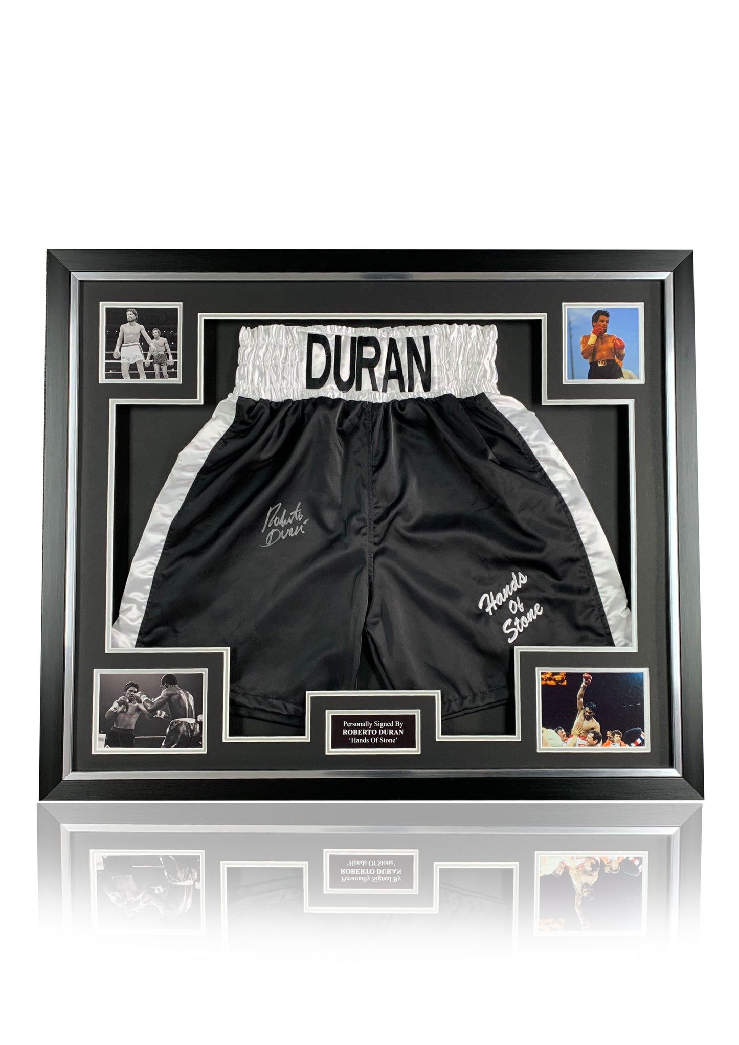 Roberto Duran signed framed boxing shorts