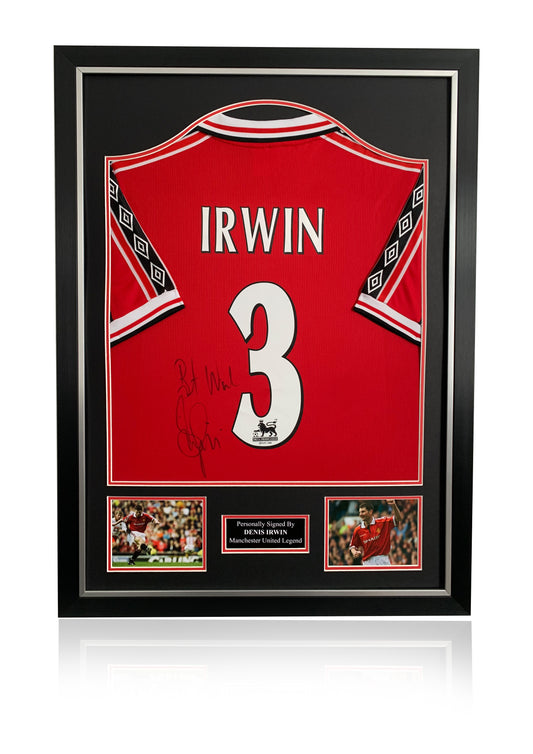 Denis Irwin 1999 treble winning hand signed framed Manchester United red home shirt