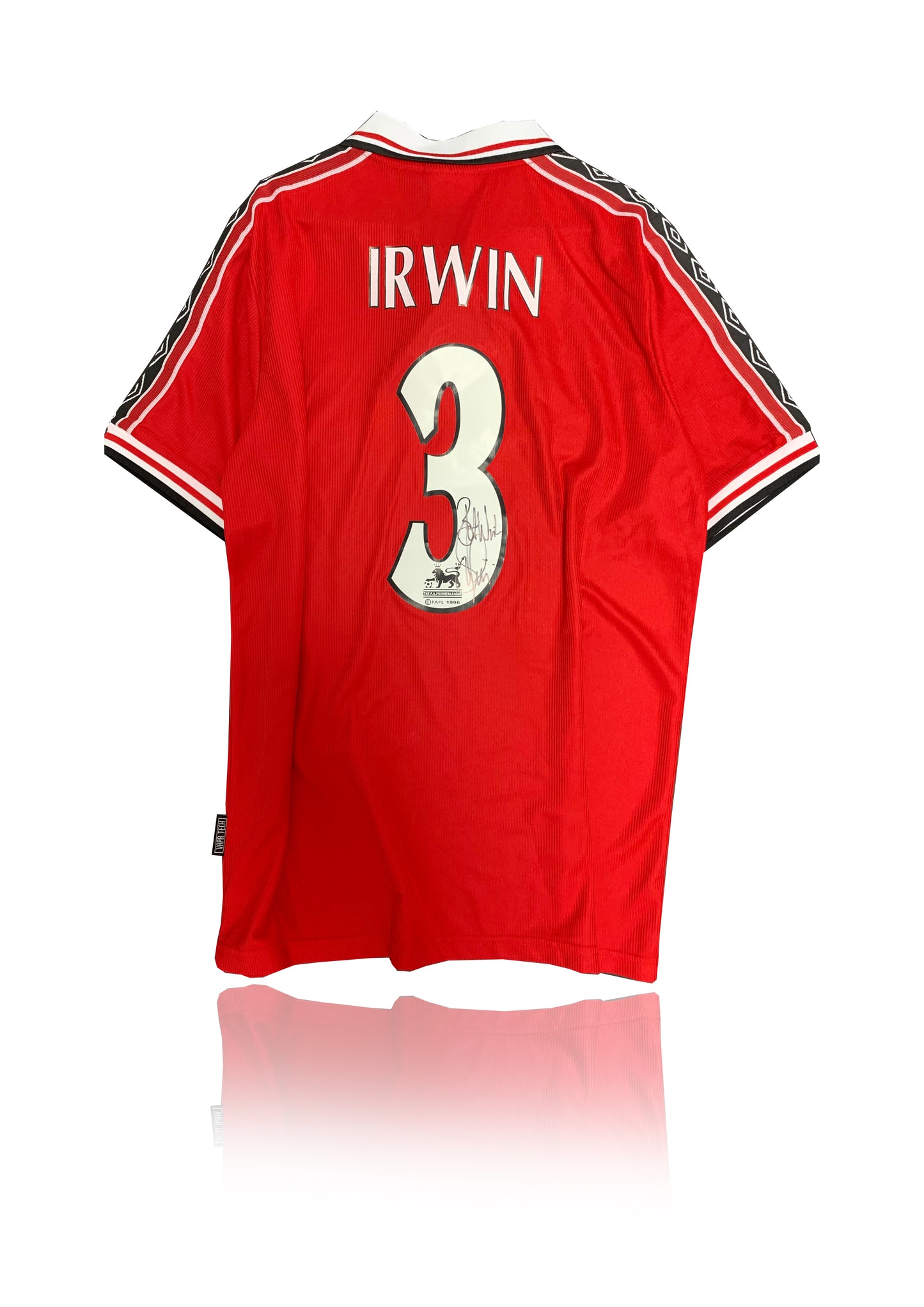 Denis Irwin hand signed 1999 treble Manchester United red home shirt