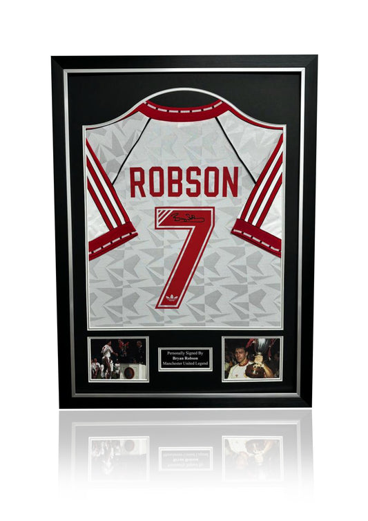 Bryan Robson hand signed framed Manchester United 1991 CWC cup winners cup shirt sleeves on show