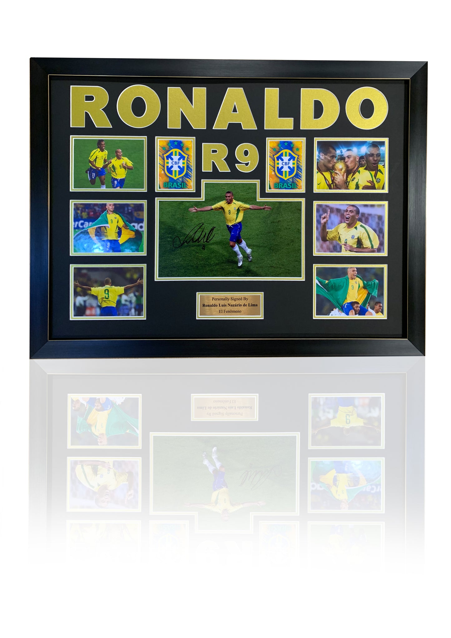 Ronaldo R9 signed framed photo montage display brazil legend