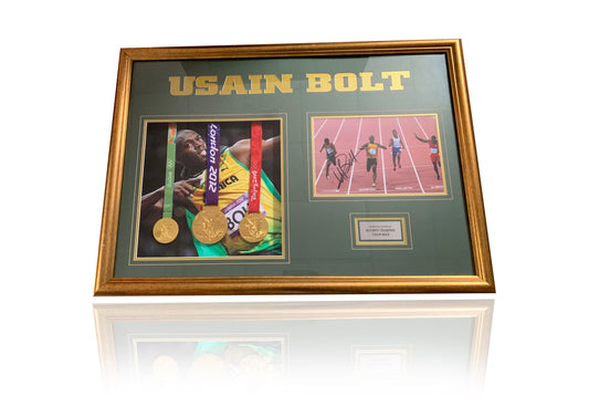 Usain Bolt Olympic signed photo montage with medals