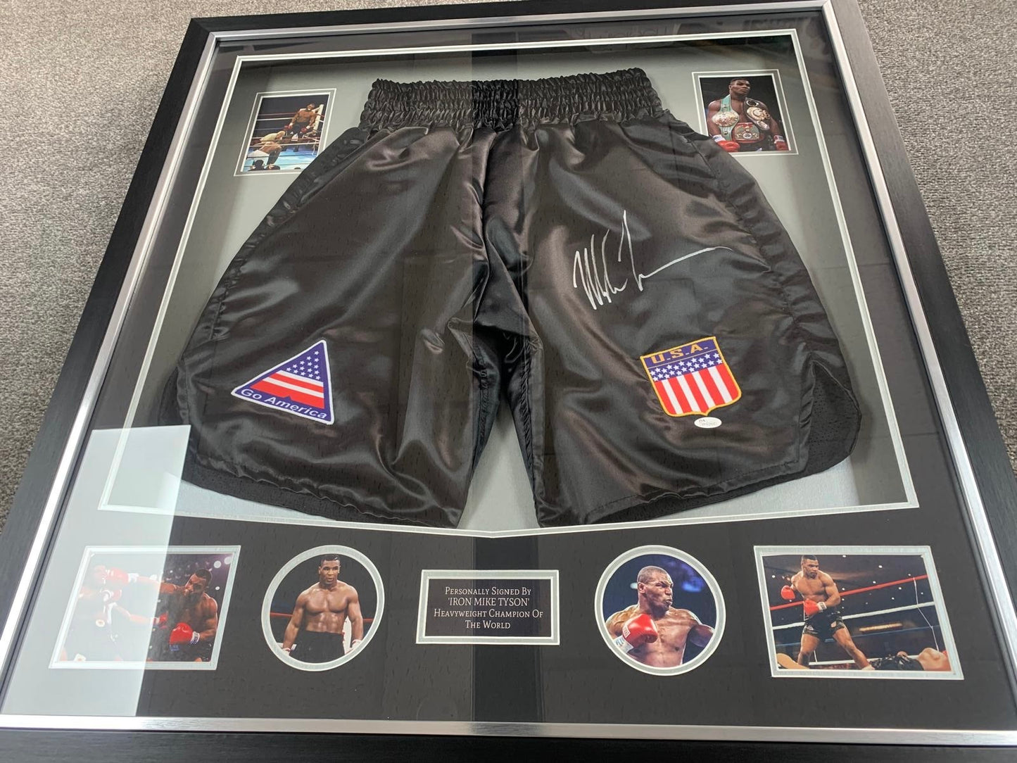 Mike Tyson signed boxing shorts LED frame