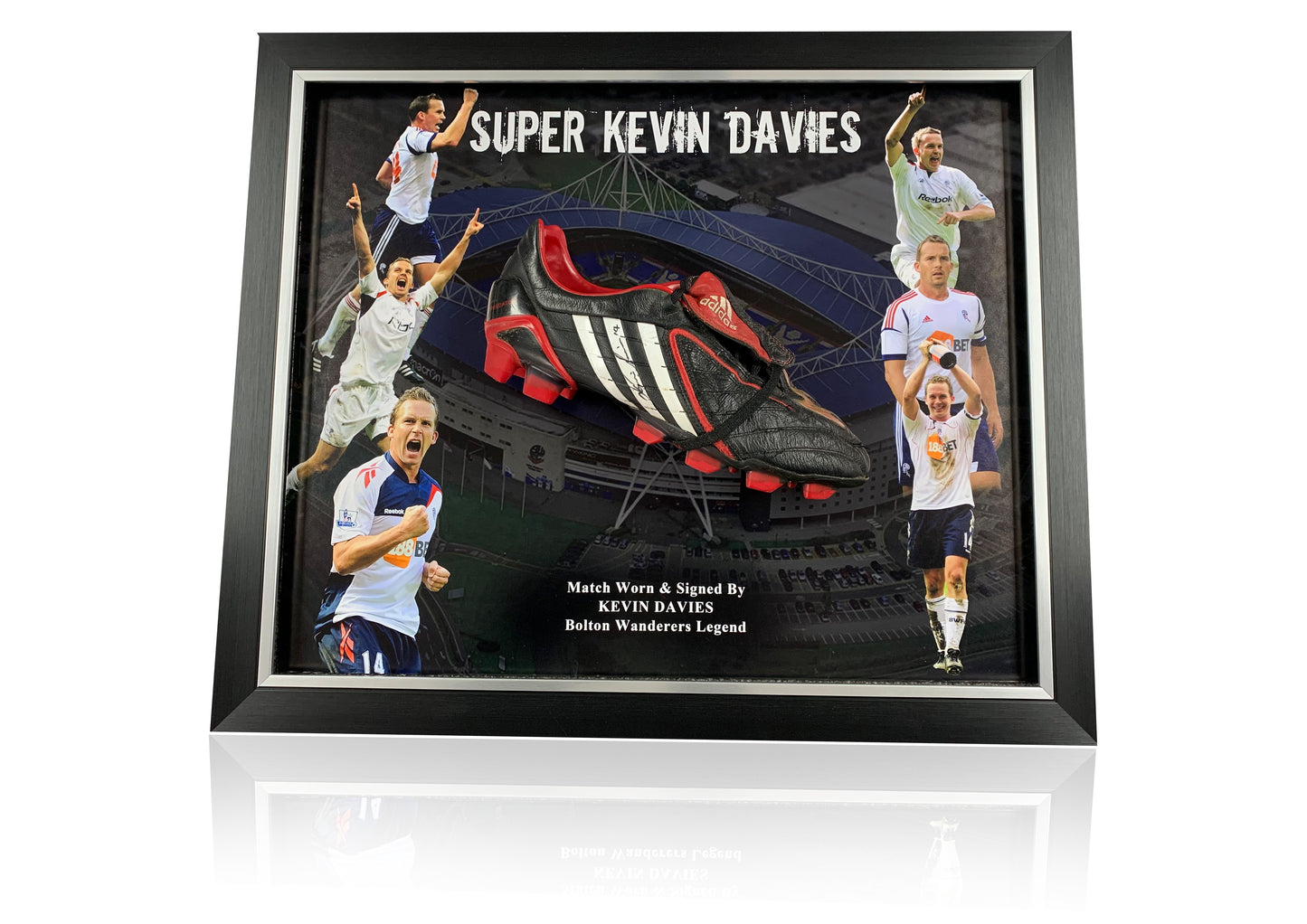 Kevin Davies signed and match worn boot Bolton Wanderers in bubble frame red and black boot