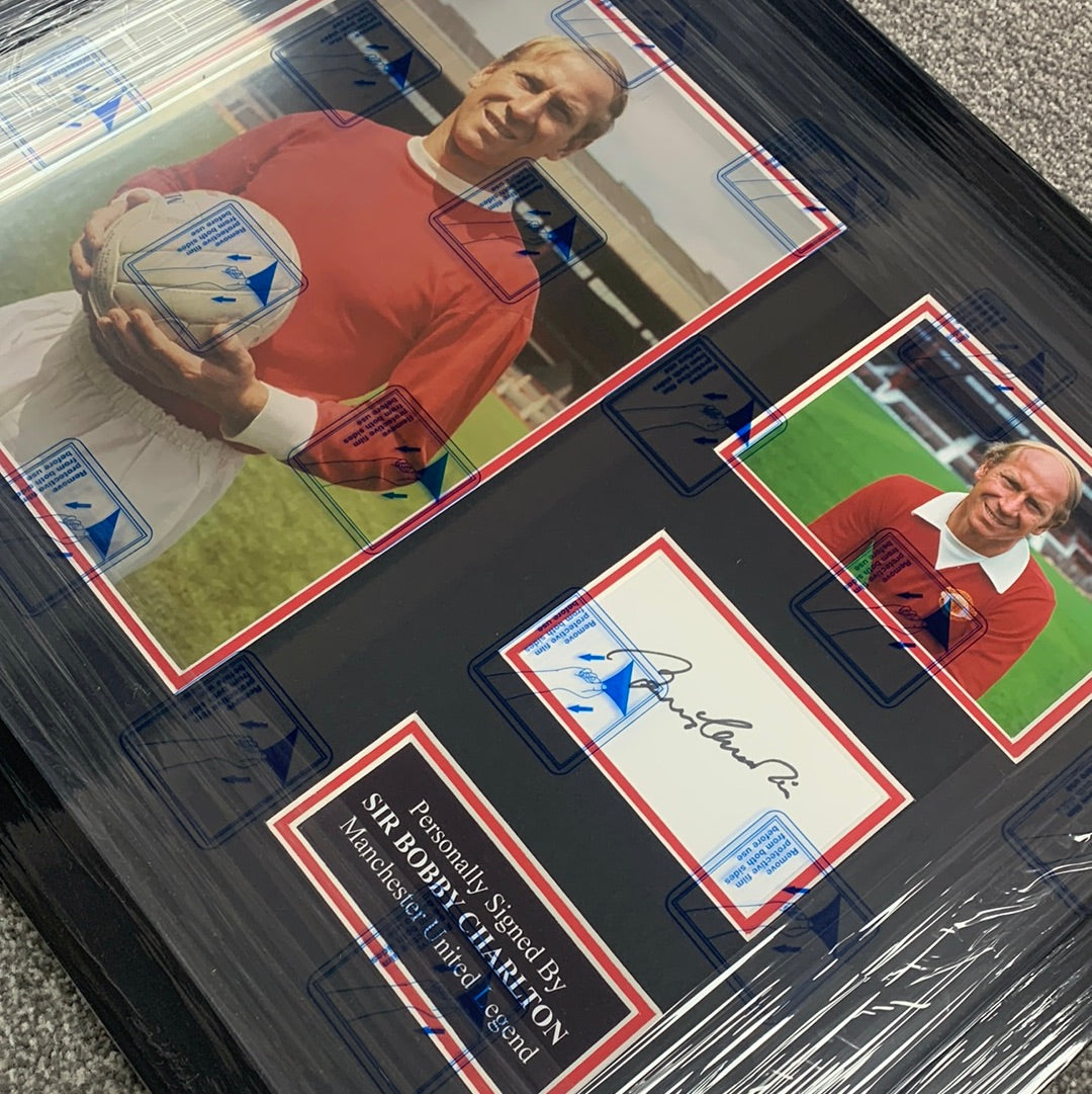 Sir Bobby Charlton signed framed photo card Manchester United montage