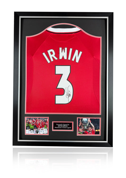 Denis Irwin 1999 treble winning Champions League hand signed framed Manchester United red home shirt