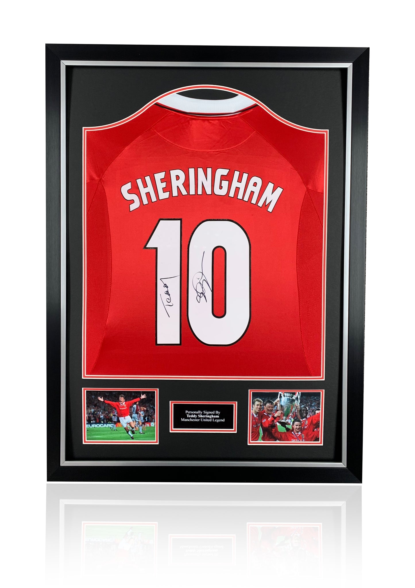 Teddy Sheringham signed framed 1999 Manchester United champions league winning football shirt