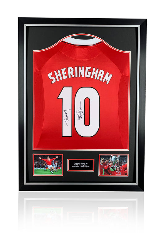 Teddy Sheringham signed framed 1999 Manchester United champions league winning football shirt