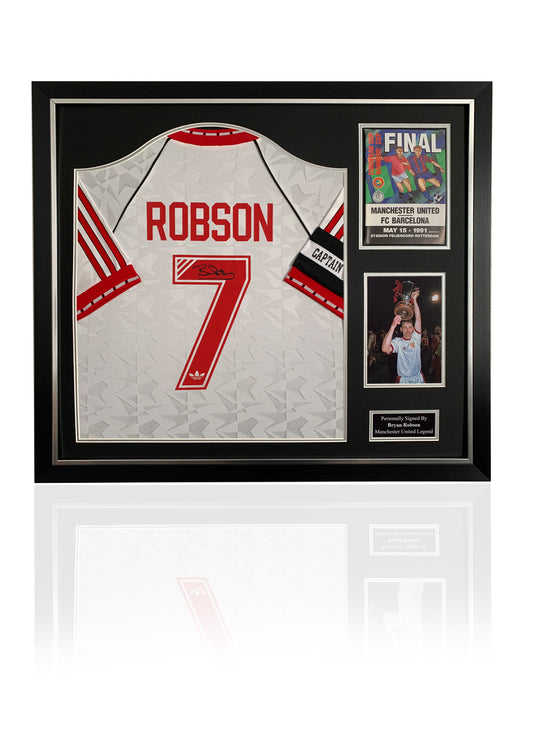 Bryan Robson hand signed framed Manchester United 1991 CWC cup winners cup shirt with original programme