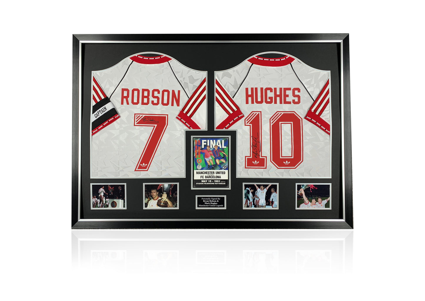 Bryan Robson and Mark Hughes hand signed framed Manchester United 1991 CWC cup winners cup shirt with original programme