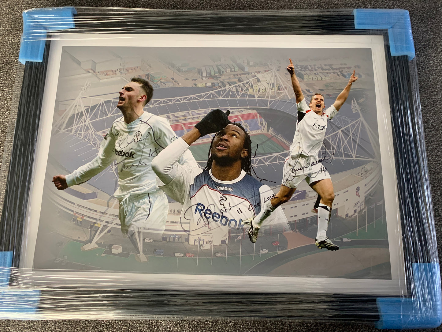 Kevin Davies Ricardo Gardner & Nicky Hunt Bolton Wanderers trio signed framed canvas