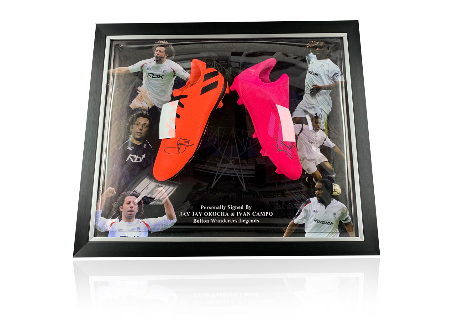 Jay Jay Okocha & Ivan Campo Bolton Wanderers double boot deluxe signed framed bubble montage
