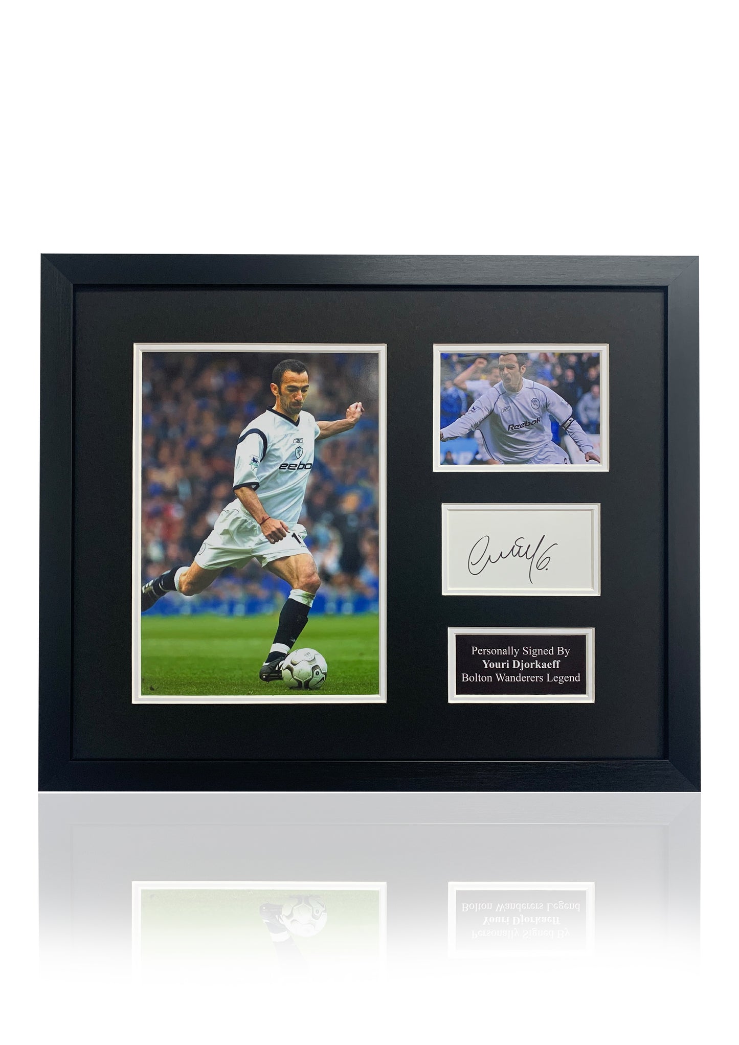 Youri Djorkaeff signed framed photo card Bolton Wanderers montage