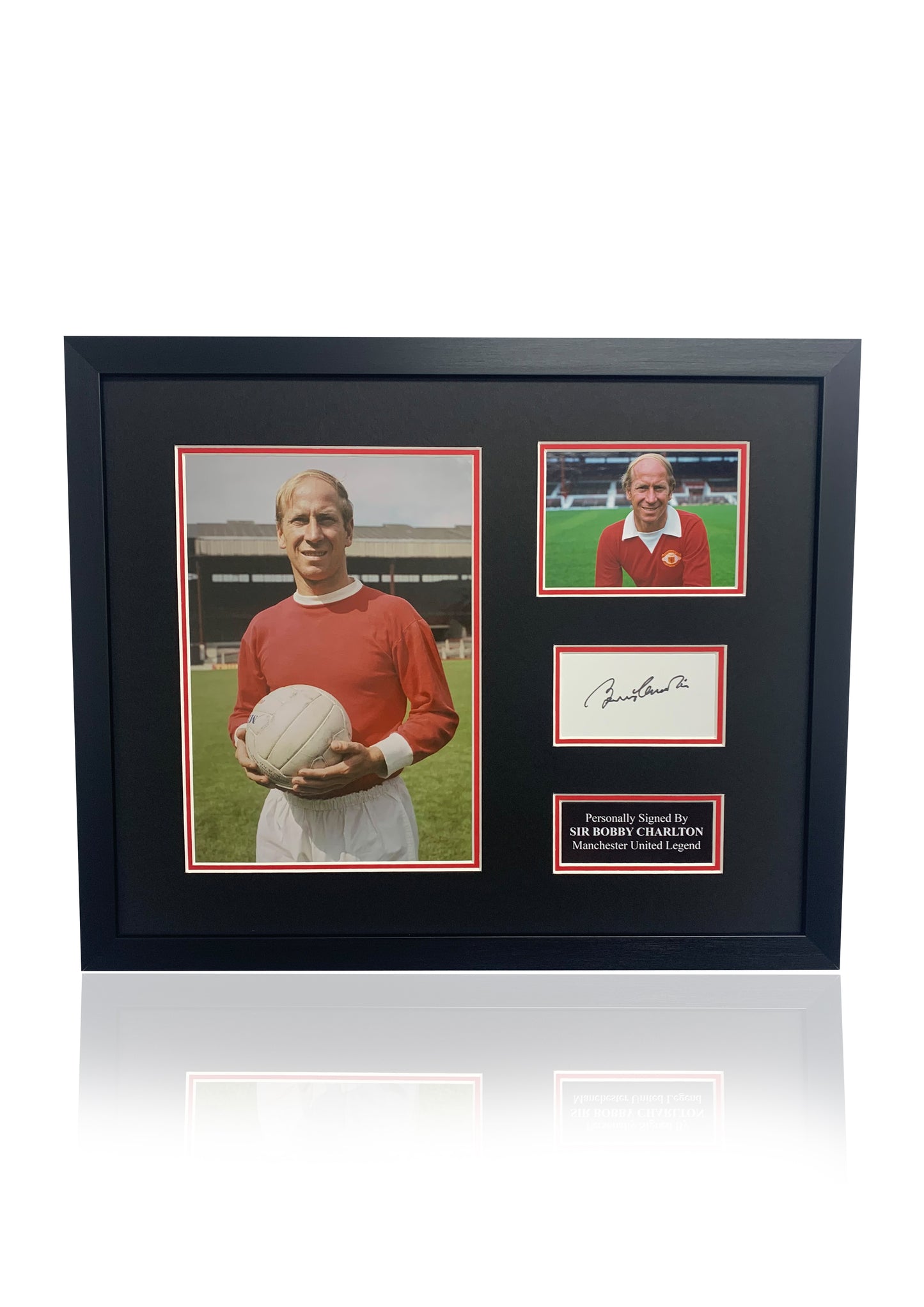 Sir Bobby Charlton signed framed photo card Manchester United montage