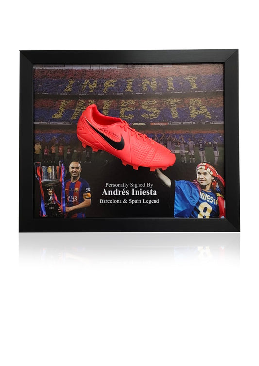 Andres Iniesta Barcelona hand signed football montage boot dome frame