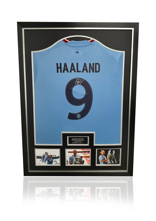 Erling Haaland framed deluxe signed Manchester City treble winning shirt