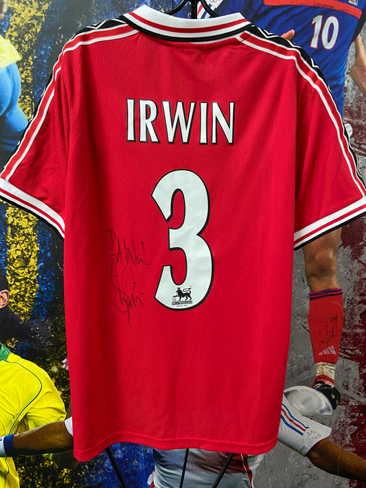 Denis Irwin hand signed 1999 treble Manchester United red home shirt