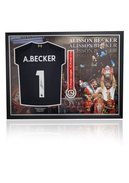Alisson Becker Liverpool FC hand signed Liverpool shirt and medal in deluxe montage frame