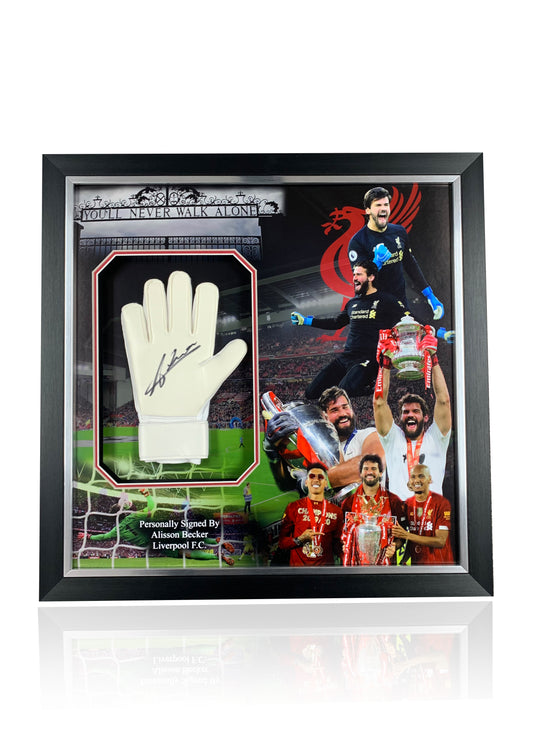 Alisson Becker Liverpool FC hand signed glove in LFC deluxe montage frame
