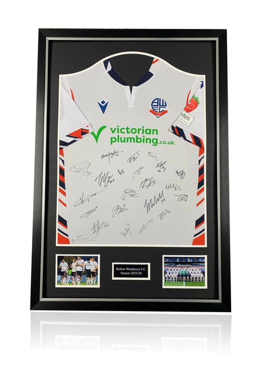 Bolton Wanderers F.C 2025/26 squad signed framed original shirt