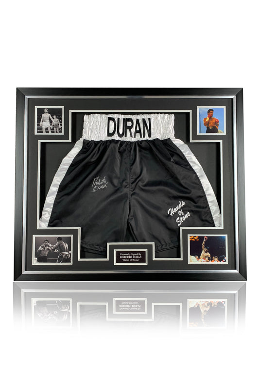 Roberto Duran signed framed boxing shorts