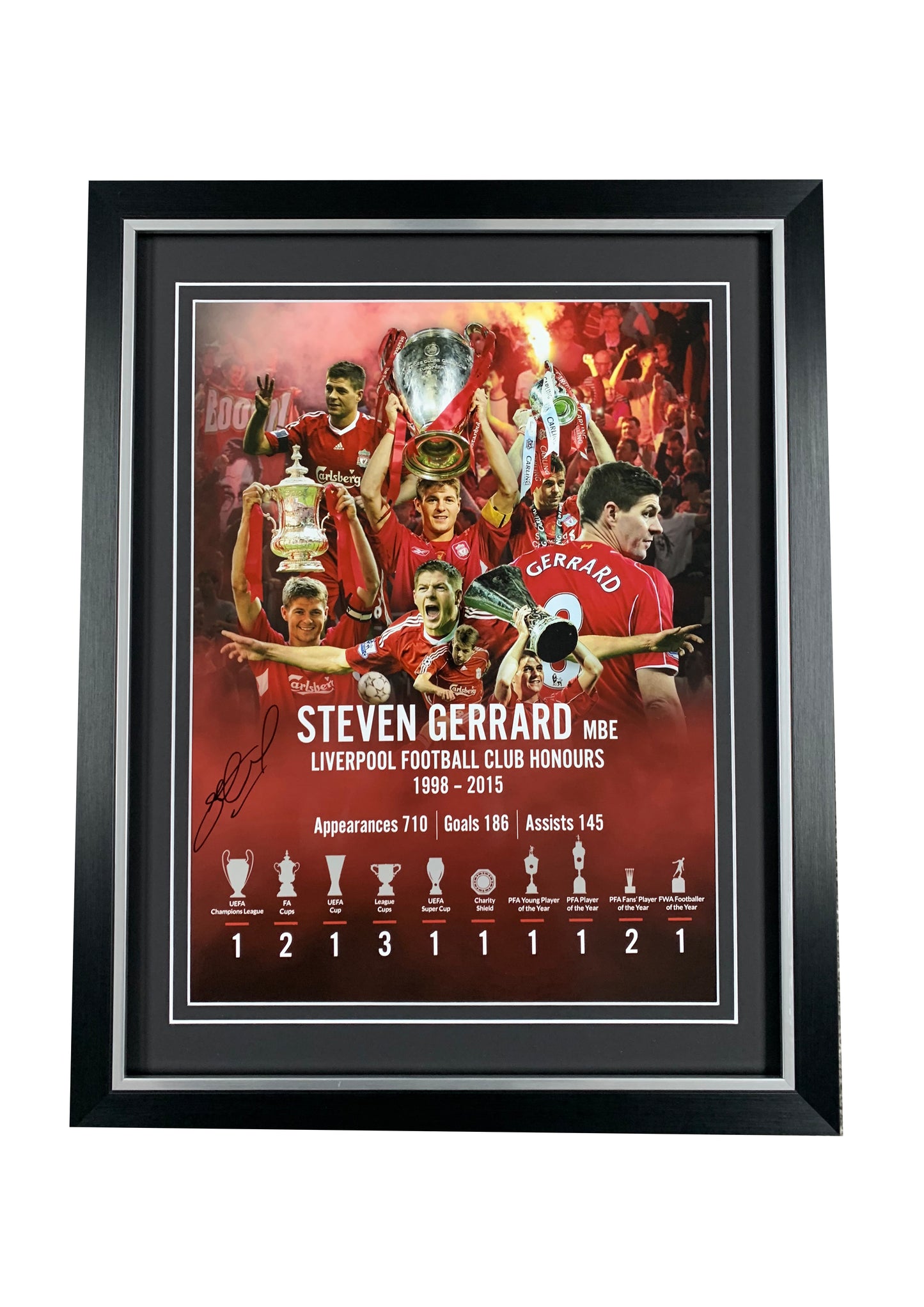 Steven Gerrard Liverpool FC signed framed honours poster