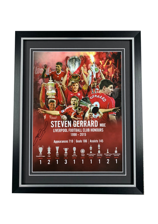 Steven Gerrard Liverpool FC signed framed honours poster