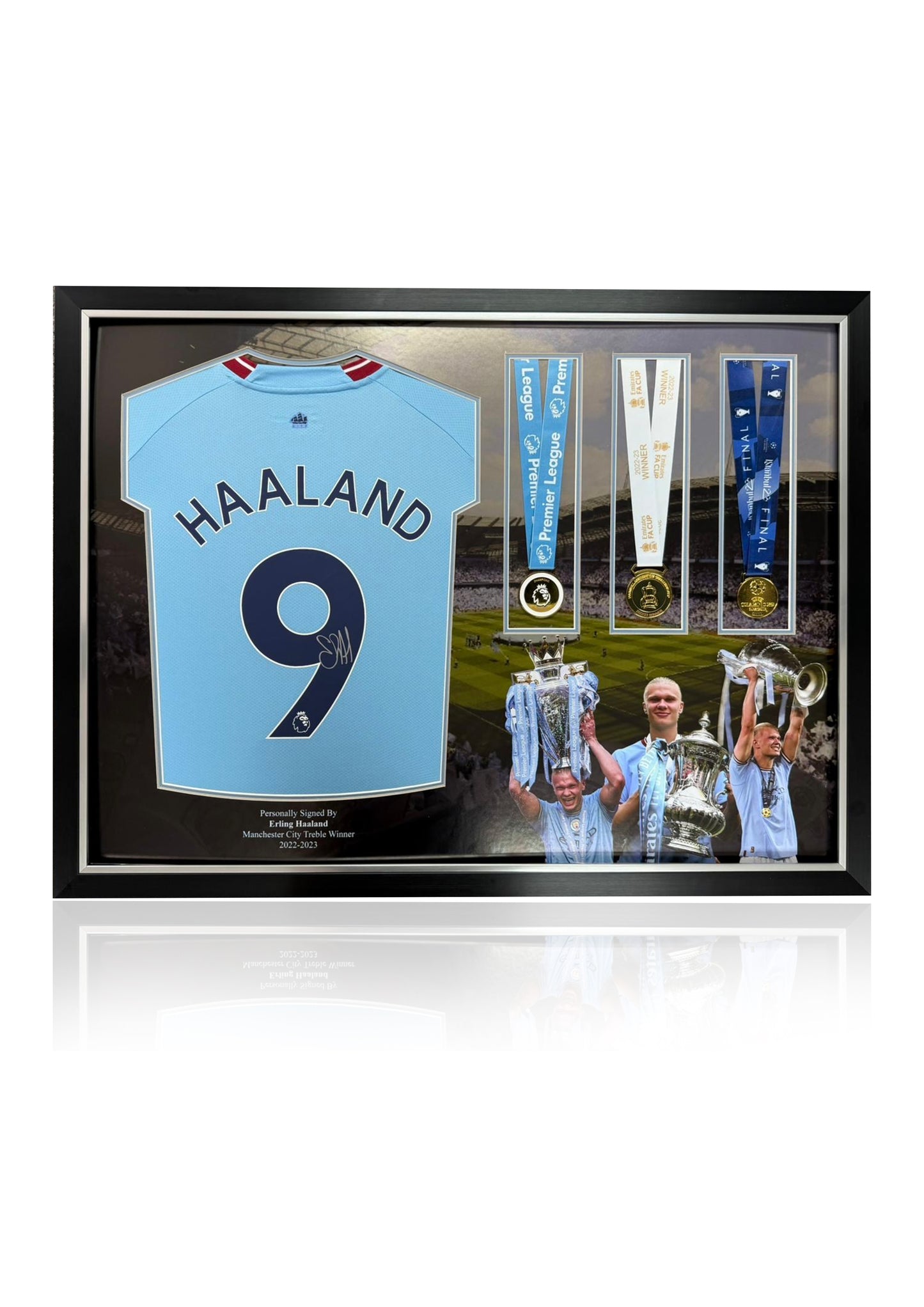 Erling Haaland framed deluxe montage signed Manchester City treble winning shirt and medals