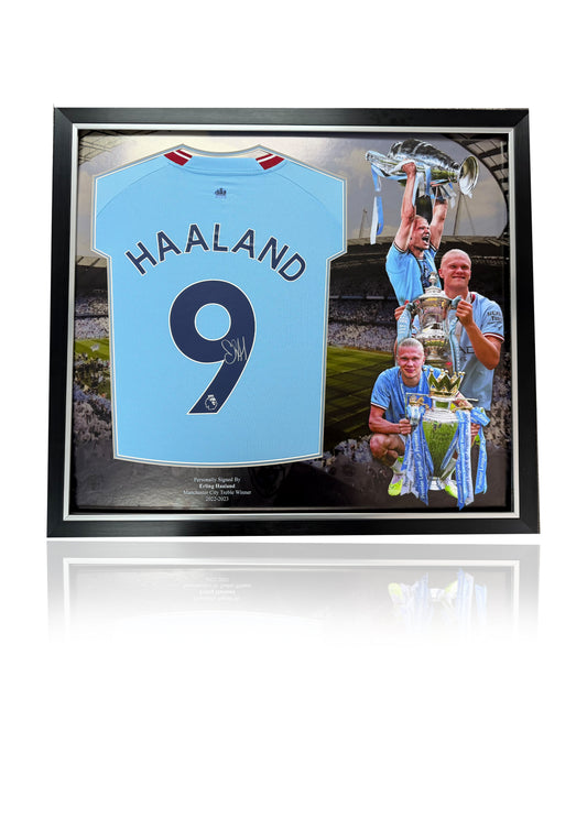 Erling Haaland framed deluxe montage signed Manchester City treble winning shirt