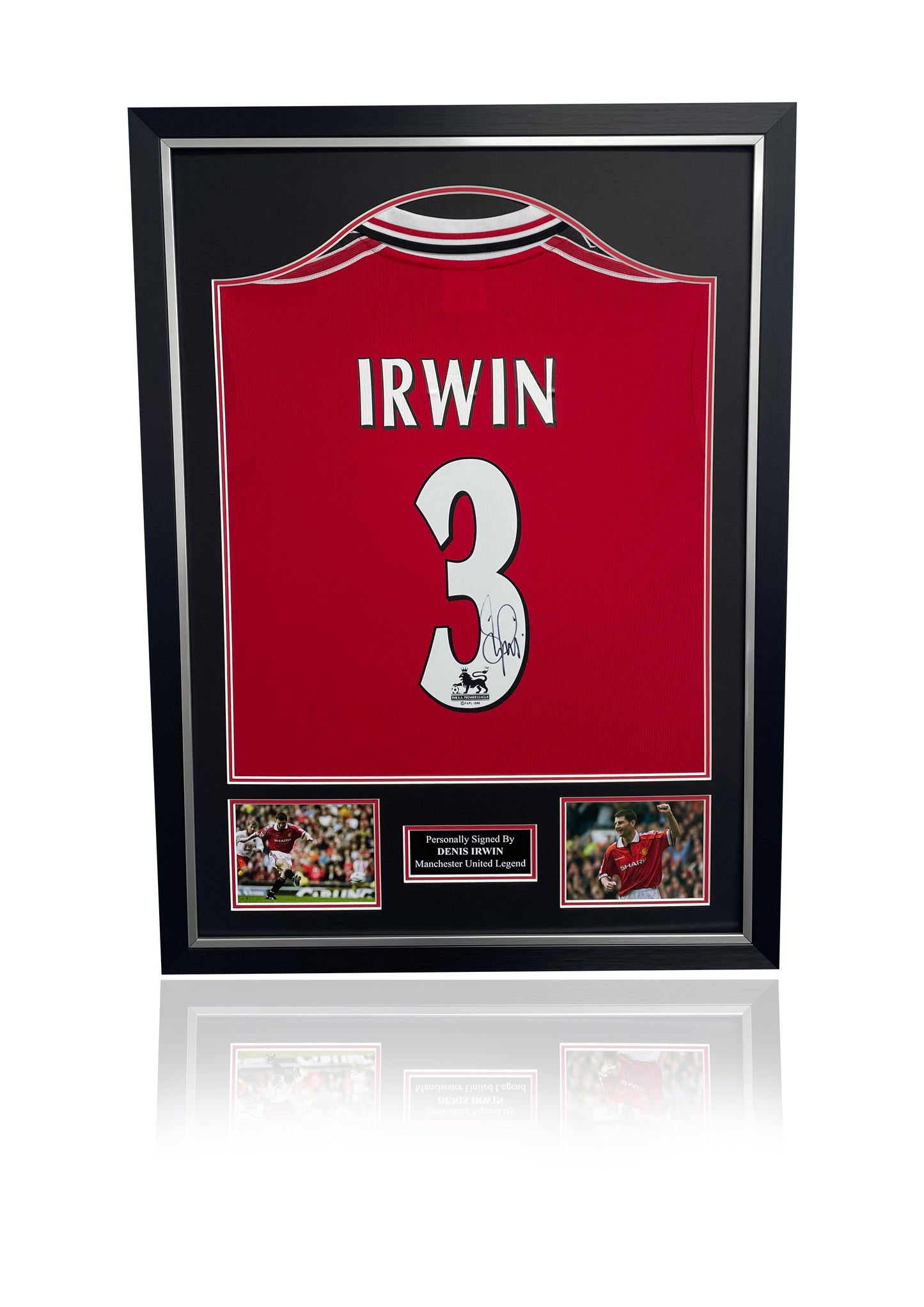 Denis Irwin 1999 treble winning signed framed Manchester United red home shirt