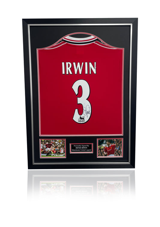 Denis Irwin 1999 treble winning hand signed framed Manchester United red home shirt