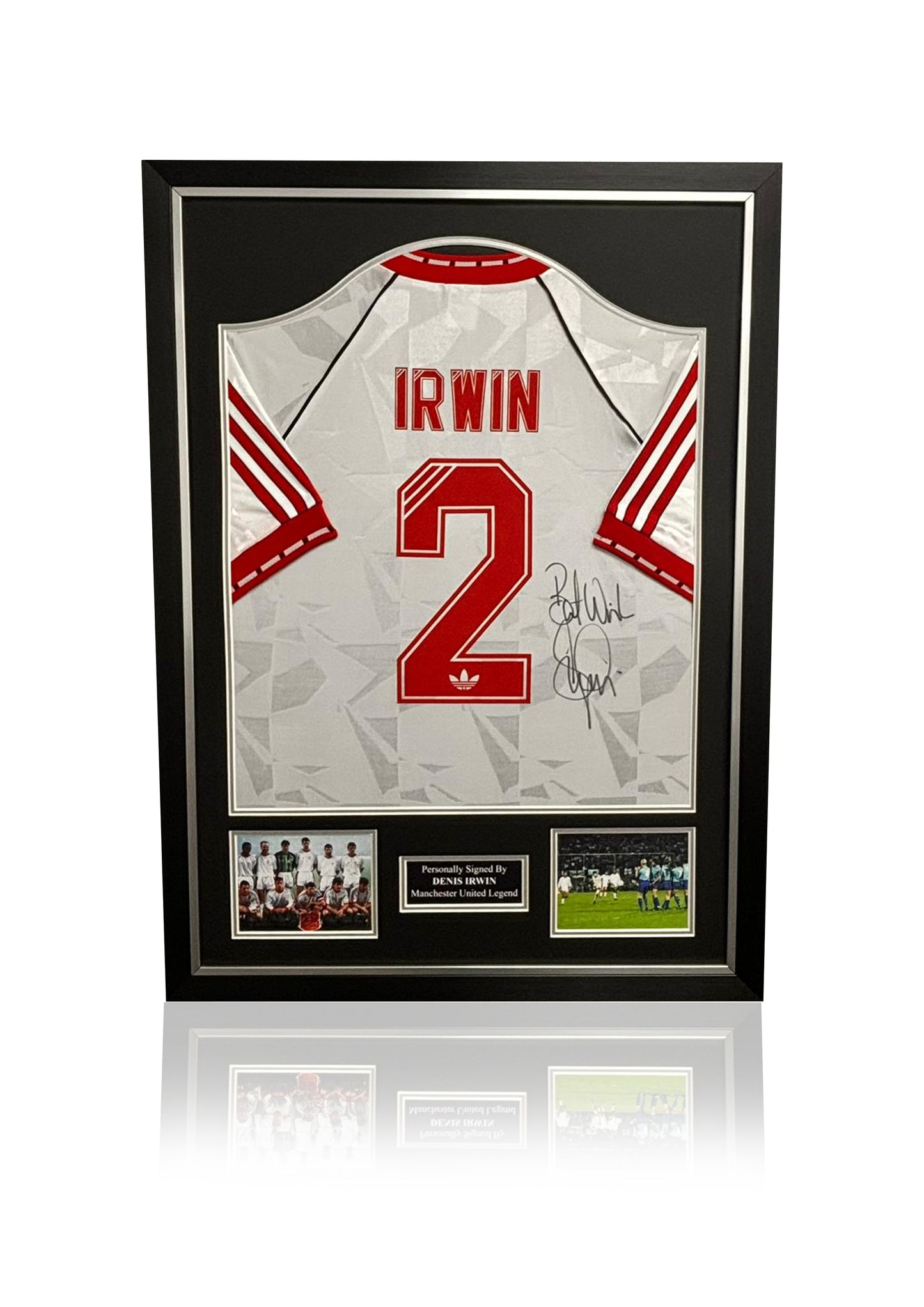 Denis Irwin Manchester United 1991 hand signed framed CWC Cup Winners Cup sleeves on show away shirt