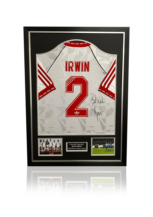 Denis Irwin Manchester United 1991 hand signed framed CWC Cup Winners Cup sleeves on show away shirt