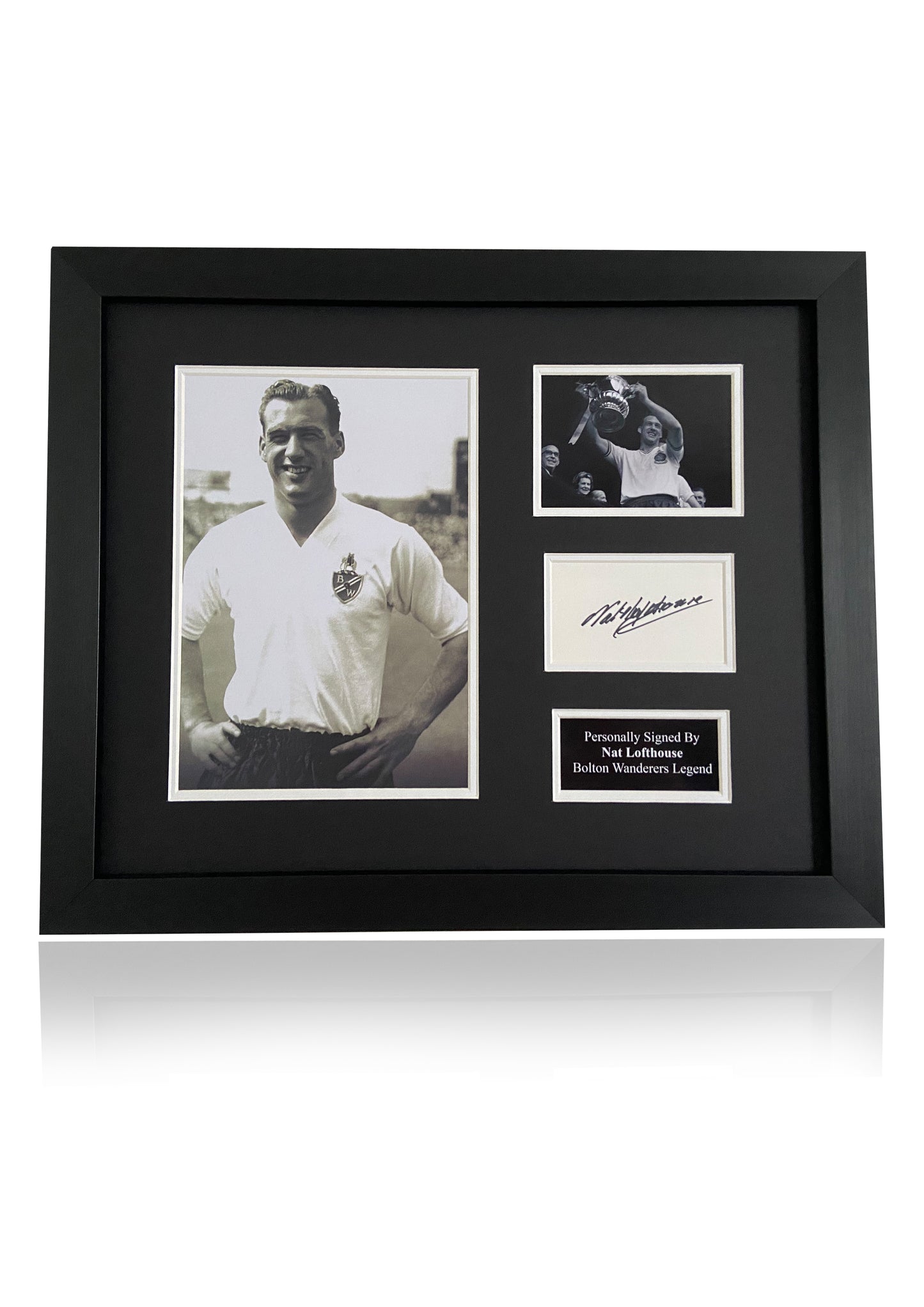 Nat Lofthouse Bolton Wanderers signed photo card montage frame