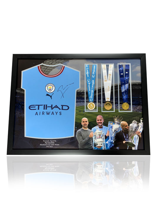 Pep Guardiola signed Manchester City treble winner shirt deluxe montage with medals