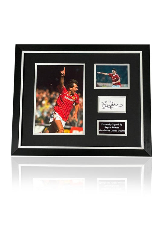 Bryan Robson Manchester United signed framed photo card Montage