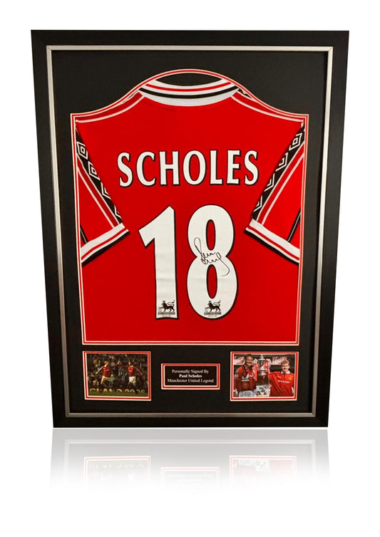 Paul Scholes signed framed 1999 Manchester United treble winning shirt