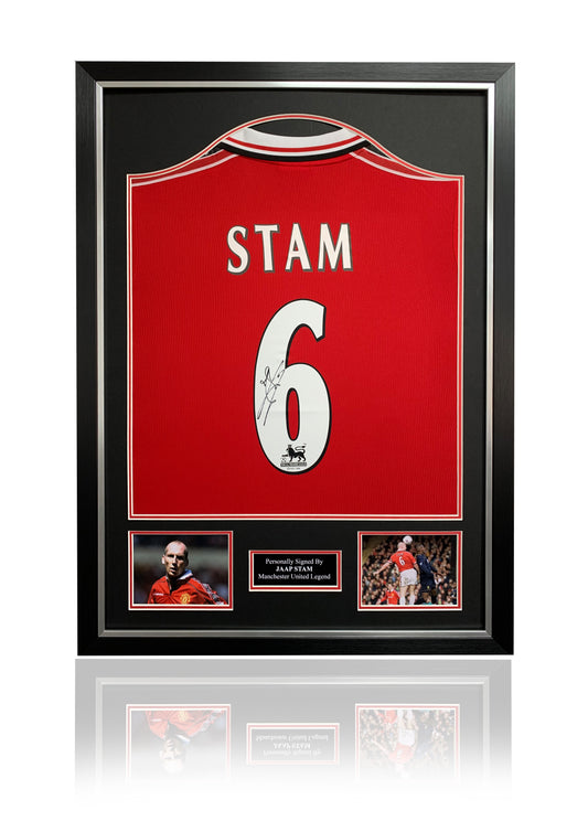 Jaap Stam signed framed 1999 treble winning home kit Manchester United shirt
