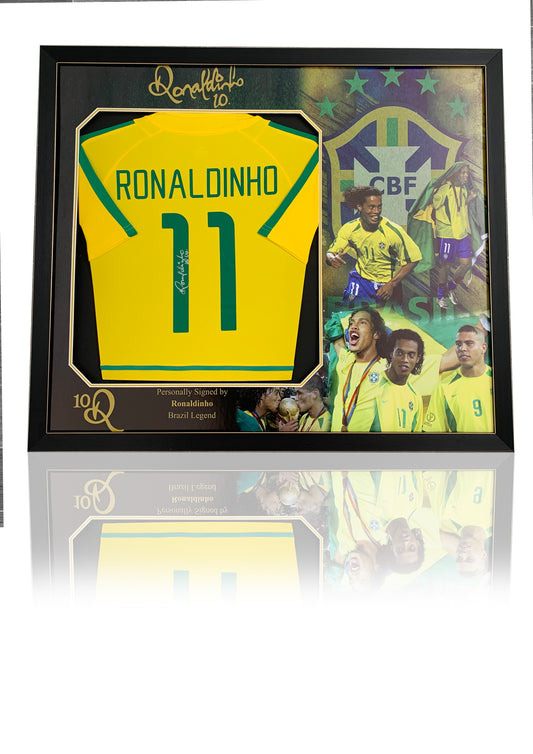 Ronaldinho Signed Brazil Shirt In Deluxe Montage Frame