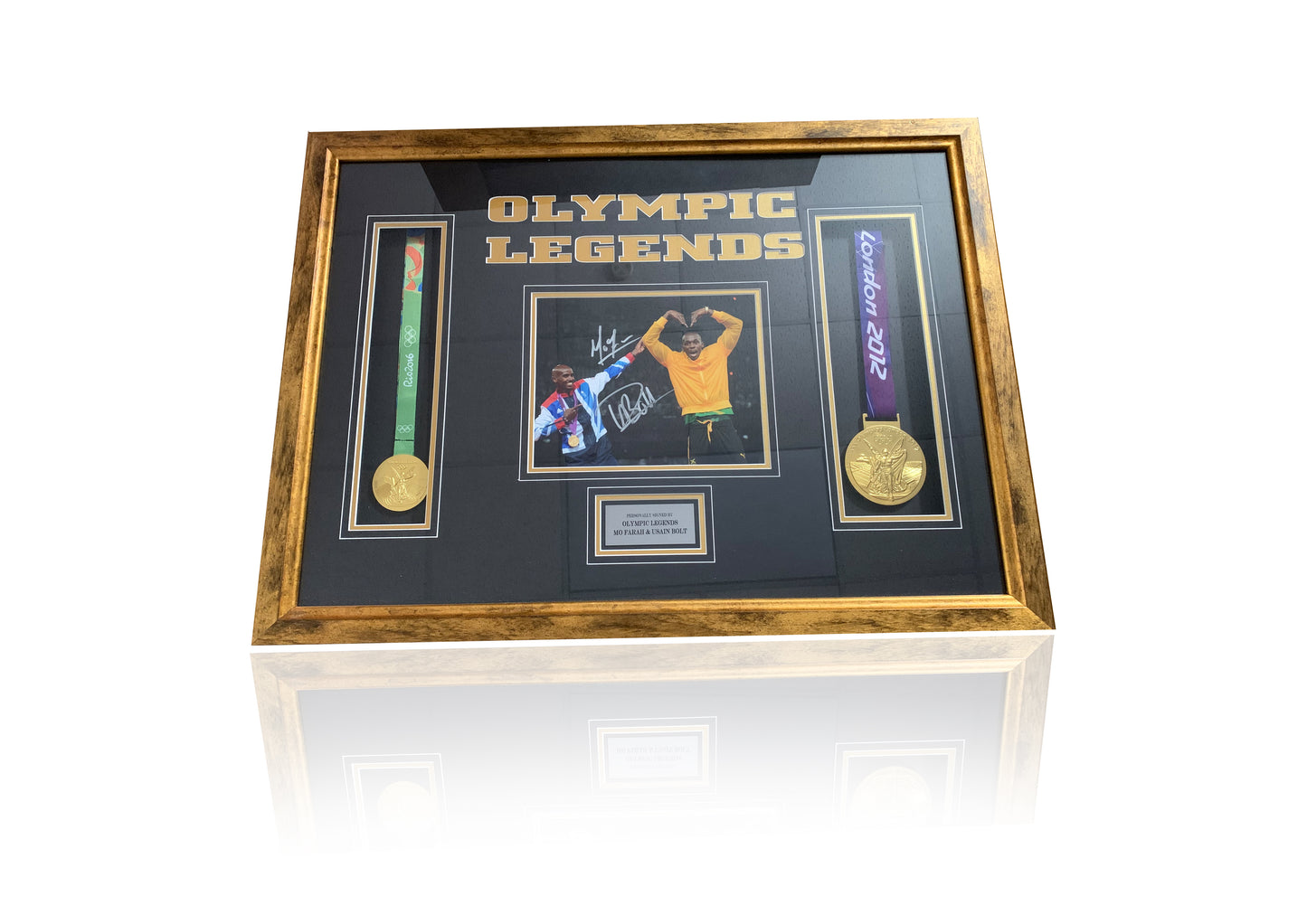 Usain Bolt and Mo Farah Olympic signed photo montage with medals