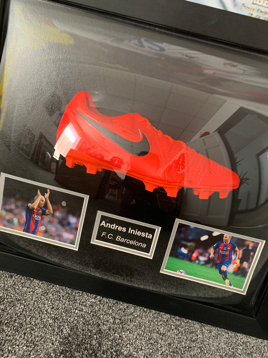 Andres Iniesta signed football boot dome frame